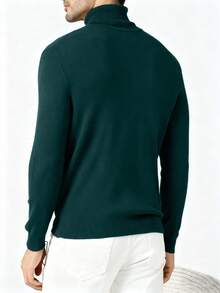 男士纯色长袖休闲修身高领毛衣 - 墨綠色 - 查看 2