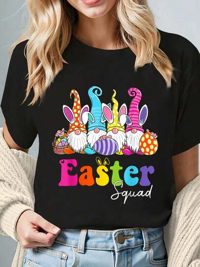 100% Cotton Easter Family Matching Easter Day Bunny Hunt Group T-Shirt Short Sleeve Crew Neck Casual Top For Summer & Spring, Women's Clothing