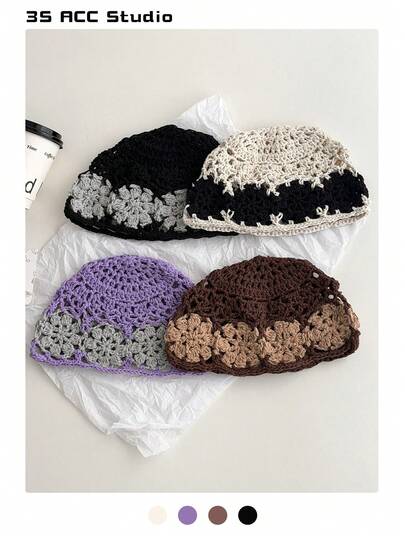 4-Season Hollow Contrast Color Floral Knit Beanie, Vintage Versatile Handmade Crochet Brimless Cap, Thin Lightweight Skull Cap, Fashionable Headwrap For Women