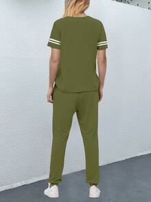 Women's Sleeveless Striped Short Sleeve Top With Pockets And Side Striped Sweatpants, Casual Sports Suit For Summer Elegant - Army Green - View 5