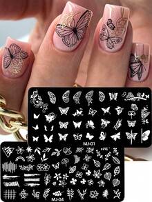 1/2 Pieces Spring And Summer Plant Flower Pattern Nail Printing Board Template, Butterfly Flower Leaf Design Nail Hot Stamping Board DIY Transfer Nail Template Nail Tool - Silver - View 2