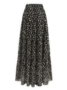 EARO Women's Long Ditsy Floral Skirt, Elastic Waist Design, Casual Black Printed Long Skirt, Made Of Non-Stretch Fabric Vacation - Black - View 3