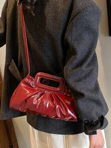 休闲新款时尚褶皱云朵光泽手提包，多功能单肩包，托特包，别致时尚的女士新款设计 - 紅色 - 查看 6