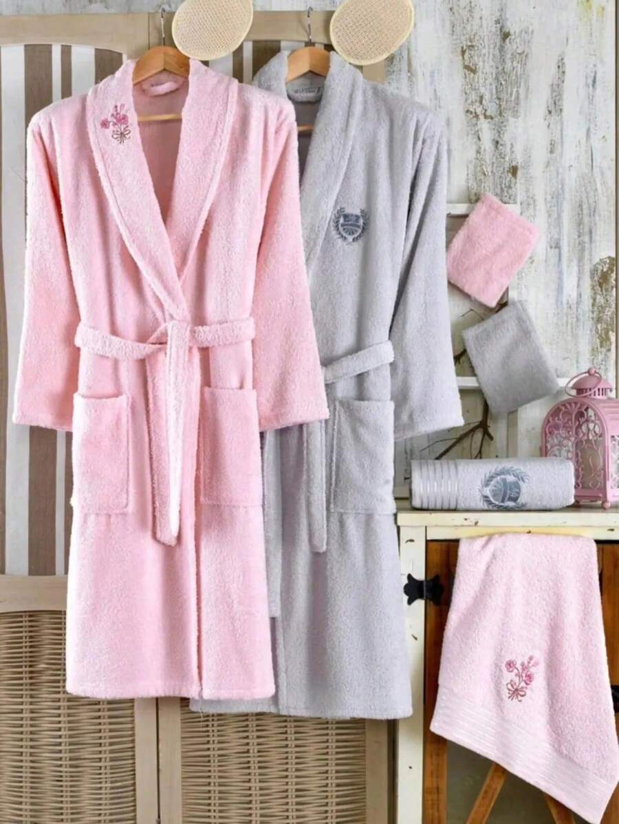4 Pieces 2 Bathrobe And 2 Hand Towel 50x90 Cm SET - Cotton Rich - Made In Turkey - Pink - View 1