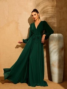 LOVE&LEMONADE Elegant Women's Deep Green Long Sleeve V-Neck Tie Waist Flowy Maxi Party Dress Wedding Spring - Green - View 5