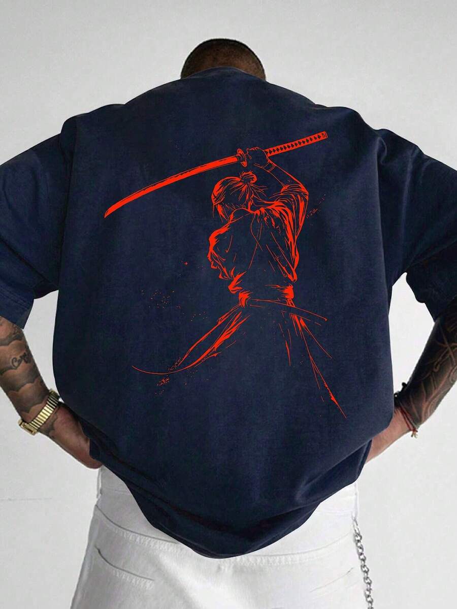 1pc Men's Fashionable Printed Loose Fit Short Sleeve T-Shirt | Exquisite Design | Essential For Summer | Easy To Match, Showcasing Your Style - Navy Blue - View 1