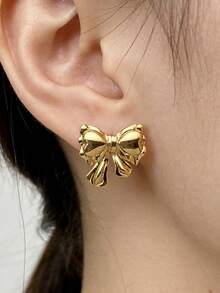 Stainless Steel Gold-Plated Ear Studs, Bow Ear Studs, Low-Allergenic, Nickel-Free, Flower-Shaped Ear Studs, Thick Gold Lady's Ear Studs, Fashionable Declaration Geometric Texture Lightweight Anti-Allergy Ear Studs, Retro Jewelry Dance Party Gifts, Lady's Ear Studs, Fashionable Heavy And Unique Pendant Ear Studs, Lady's Gold Earring Set, Exquisite Gold-Plated Pendant Ear Studs, Anti-Allergy Ear Studs, Fashionable Jewelry, Lady's Gifts - Multicolor - View 2