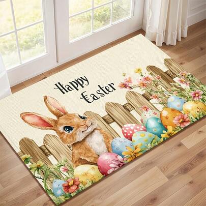 1 Piece Easter Bunny & Print Crystal Velvet Mat – Non-Slip, Bathroom Mats Dirt-Resistant & Durable Floor Mat For Entryway, Home Deccor Kitchen Or Living Room | Happy Easter Design With Floral & Egg Motifs | Soft & Easy To Clean Easter