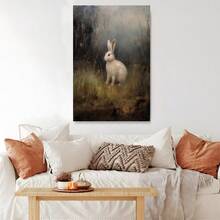 2D Flat Printing, 1pc, Moody White Rabbit In Misty Grassland Framed Canvas Wall Art Print, Vintage Wall Art For Nursery, For Living Room, Bathroom Wall Art, Wall Art For Bedroom, Office, Home, Kitchen, Dorm, Nursery, Framed Canvas Print, Ready To Hang, Home Decor Gift Idea, Farmhouse, Scandinavian, Minimalist, Boho Aesthetic - As Shown In the Figure - View 4