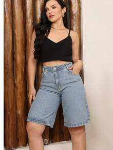 Women's High-Waisted Denim Shorts, Casual And Comfortable - Rửa trung bình - Xem 3