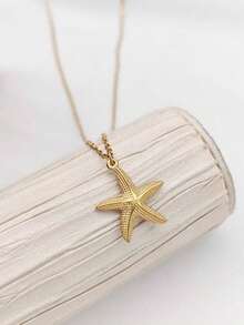 1pc 18K Gold Plated Stainless Steel Bohemian Ocean Style Starfish Pendant Necklace - Adjustable Side Chain, Luxury Minimalist Design, Suitable For Daily Wear And Gift, Ocean Life Necklace - Yellow Gold - View 1