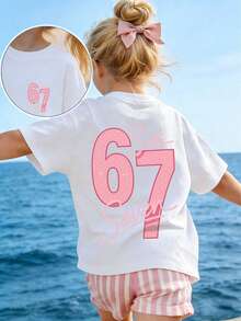 少女星元素六七67卡通印花T恤，时尚百搭休闲上衣，适合女孩日常休闲穿着 - 白色 - 查看 4