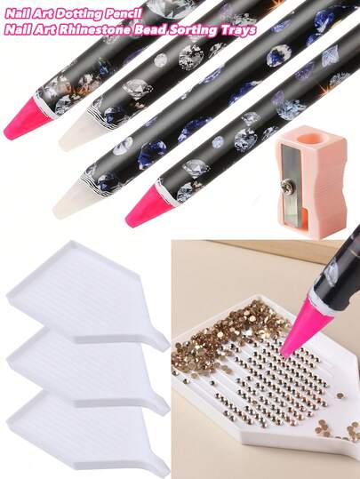 Wax Pencil For Rhinestone Nail Point Drill Wax Pen Diamond Art Dotting Pen Self Adhesive Resin Picker Pencil Gem Picker Tool With Bead Sorting Plate For Nail DIY Decor, Comes With A Pencil Sharpener