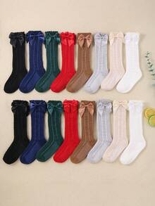 8/1 Pair Baby Girls Over-The-Knee Socks, Decorated With Bow, Princess Style Mid-Calf Socks, Lace Trim Design Won't Constrict Feet, Cute Girls Socks. Multi-Color Combination Set Including Red, White, Black, Pink And Gray, Suitable For 0-36 Months Baby Girls, Mesh Breathable, Suitable For All Seasons - Multicolor - View 10
