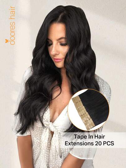 DOORES 50g 20pcs Tape In Hair Extensions 100% Real Human Remy Hair Natural Black, Heat Friendly & Ironable & Colorable Seamless Tape Adhesive Straight Skin Weft Tapeins For Thin Hair Woman Add Volume & Length, Easy To Apply Hair Transformation, Holds Up Well For Cosplay, Daily Use, Graduation, Anniversary, Holiday Hairstyles