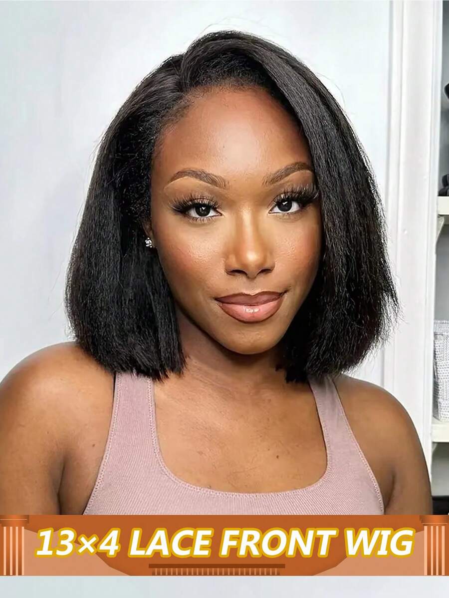 13x4 透明蕾丝前额隐形发际线假发，女士短卷发，180% 密度，100% 真人发 - Natural Black - 查看 1