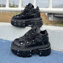 Gothic Vintage Style Women And Men Black Wedge Sneakers With Rivets Platform Lace-Up Street Chunky Shoes With Metal Decorations - Black - View 19
