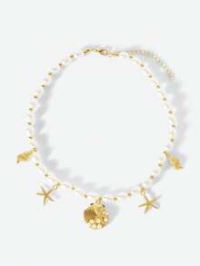 Opalesca 1pc Bohemian Style Sea Themed Starfish And Seashells Pendant Necklace, Suitable For Women Beach Holiday Wear - Gold - View 2