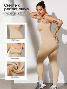 1pc Women Seamless Waist Cincher Jumpsuit, Plus Size Shapewear - Apricot - View 3