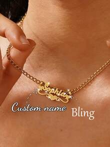 Customized Sparkling Frosted Double-Layered Name Necklace, Personalized Minimalist Style Romantic Couple Stacking Necklace With Round Snake Chain Pendant, Suitable For Everyday Wear. Available In Gold, It's Fashionable, Multi-Colored, Vintage, Simple, Unisex, Casual, Cute, Customizable, Personalized, And Unique. - 5NK Chain Brushed Finish - Single Layer Double Buckle - View 7