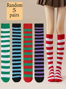 5 Pairs Women's Carnival Striped Knee High Socks, Suitable For JK Skirt - Multicolor - View 6