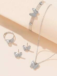 5件套心形蝴蝶造型合金钻石首饰套装，包括项链、手链、戒指和耳环，适合女孩佩戴，简约优雅的设计，日常佩戴或作为礼物都非常合适，是感恩节、返校季、毕业季的理想之选。 - 彩色 - 查看 13