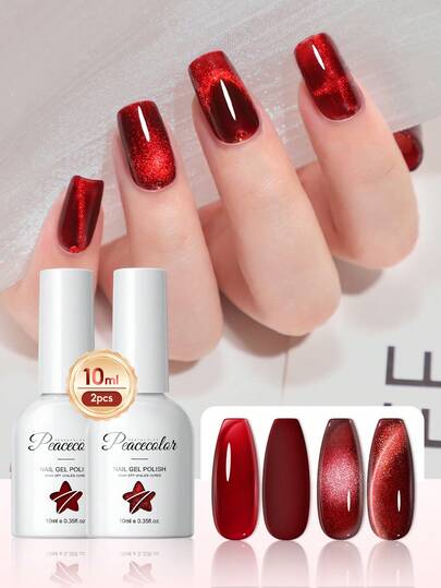  PEACECOLOR Set de 2 piezas de 10ml Esmalte de uñas en gel de ojos de gato de la serie roja - Incluye gel translúcido rojo y gel magnético de ojos de gato rojo, de larga duración, de remojo, adecuado para principiantes en diseño de arte de uñas
