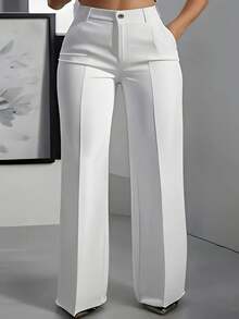 Plus Size Solid Color Button Pocket Zipper Office Pants Spring White - White - View 1