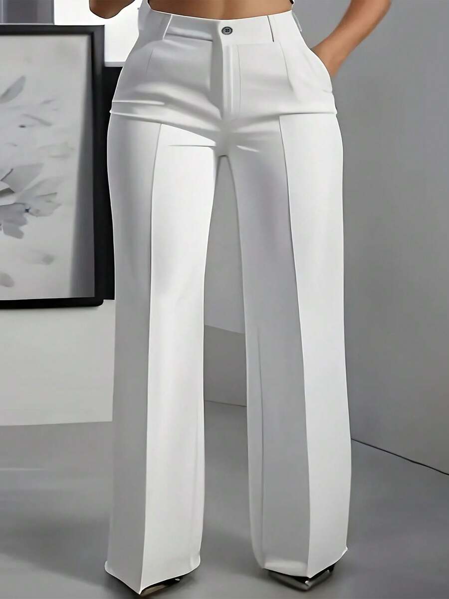 Plus Size Solid Color Button Pocket Zipper Office Pants Spring White - White - View 1