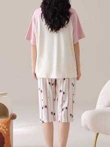 AICJ 2pcs/Set Women & Girls Casual Cute Cartoon Sausage Dog & Letter Print Pink Top, 3/4 Pants/Shorts, Spring/Summer Pajamas & Loungewear Set - Multicolor - View 2