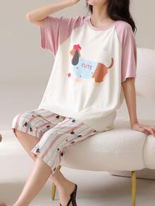 AICJ 2pcs/Set Women & Girls Casual Cute Cartoon Sausage Dog & Letter Print Pink Top, 3/4 Pants/Shorts, Spring/Summer Pajamas & Loungewear Set - Multicolor - View 5
