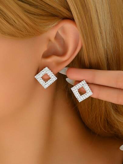 1 Pair Elegant Geometric Crystal Stud Earrings, Fashion Jewelry Gift For Women, Daily Casual