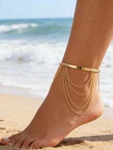 imoli 1pc Fashion Geometric Bohemian Style Basic Iron Alloy Chain Anklet, Suitable For Beach Party Jewelry Gift - Gold - View 3