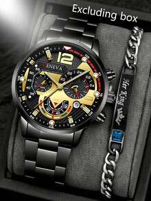 2件套男士创意机械设计不锈钢表带石英表套装 - 銀色 - 查看 8