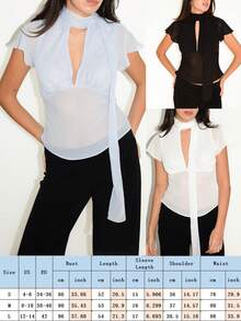 2026 Women's Mock Turtleneck Scarf T Shirts Chiffon Short Cape Sleeve Business Casual Tunic Tops Slim Fit Tie Up Summer Tunic Tops Basic Dressy Tee Shirt - màu đen - Xem 2