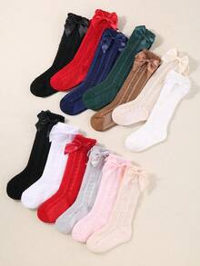 8/1 Pair Baby Girls Over-The-Knee Socks, Decorated With Bow, Princess Style Mid-Calf Socks, Lace Trim Design Won't Constrict Feet, Cute Girls Socks. Multi-Color Combination Set Including Red, White, Black, Pink And Gray, Suitable For 0-36 Months Baby Girls, Mesh Breathable, Suitable For All Seasons - Multicolor - View 9