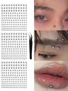 唇钉、Y2K风格假穿孔饰品（鼻钉、眉钉）、无穿孔银色肚脐贴纸、朋克Y2K妆容贴纸（男女通用） - 銀色 - 查看 1