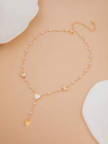 A Fashionable And Elegant Y-Shaped Necklace Imitating Pearls, Hearts, And Butterflies - Multicolor - View 2