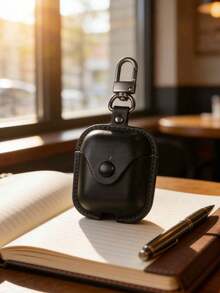 1pc Black Leather Bluetooth Headphone Case + Carabiner Clip, Compatible With Apple 1/2/3/Pro 2 Protective Case - Black - View 3