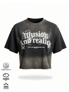 T-shirt à manches courtes en pur coton côtelé et color-block pour femme, orné d'un motif vieilli peint à la bombe à plusieurs positions et d'un imprimé de lettres ; nouveau vêtement de sport printemps/été de style preppy pour femme ; haut à manches courtes doux et respirant avec une finition drapée et brossée. - Noir - Voir 8