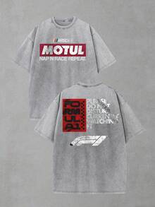 2-Sided MOTUL F1 "Do Not Disturb" Graphic Men's Crew Neck Oversized Washed Short Sleeve T-Shirt - Lightweight Cotton Blend, Playful Racing Meme Vibe, Perfect For F1 Watch Parties & Lazy Days, Ideal Gift For Motorsport Memers, Mens Casual Shirt, Street Fashion, Camisas Para Hombre - 灰色 - 查看 1