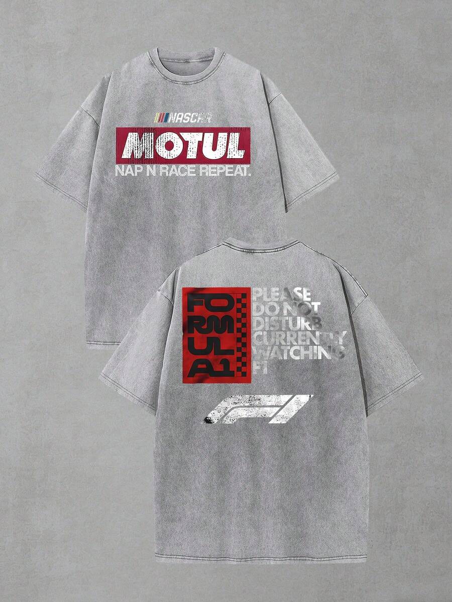 2-Sided MOTUL F1 "Do Not Disturb" Graphic Men's Crew Neck Oversized Washed Short Sleeve T-Shirt - Lightweight Cotton Blend, Playful Racing Meme Vibe, Perfect For F1 Watch Parties & Lazy Days, Ideal Gift For Motorsport Memers, Mens Casual Shirt, Street Fashion, Camisas Para Hombre - 灰色 - 查看 1