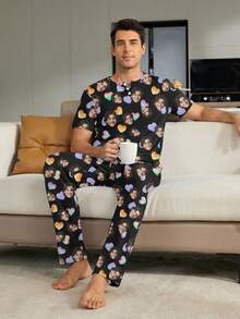 Conjunto de pijama personalizado para hombres, camiseta de manga corta y pantalón largo personalizado con patrón de corazón colorido, ropa de estar en casa cómoda y casual, opción de regalo - Negro - Ver 3