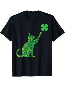 St. Patrick's Day Shamrock Cat T-Shirt - Black With Green Clovers, Cute Irish Cat Graphic Tee For Women, Men, - Lightweight Summer Shirt For St. Patrick's Day Parties & Casual Attire, Festive Casual Wear, Playful Casual Style, Regular Fit Top, Holiday Celebration, Fun Print, Durable Construction, Unisex Apparel, Holiday Shoppers - 黑色 - 查看 1