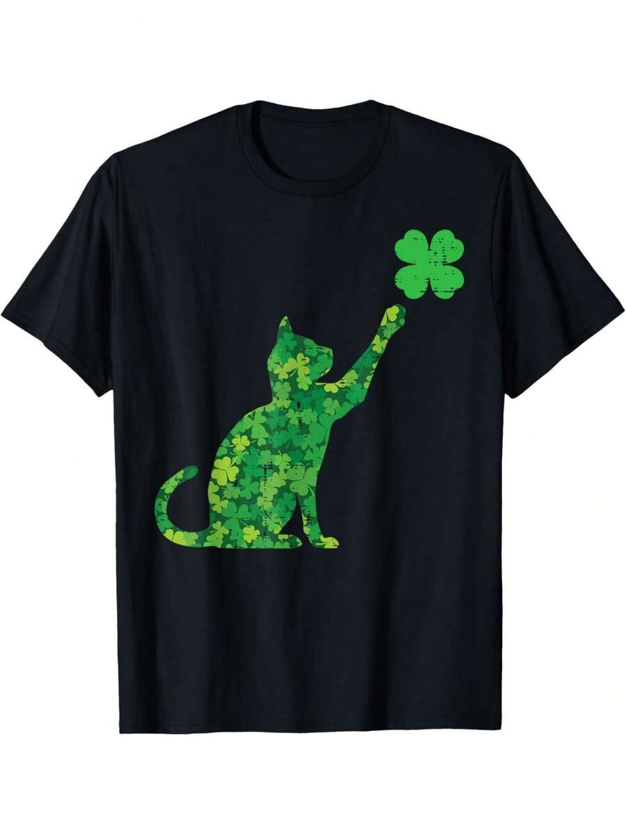 St. Patrick's Day Shamrock Cat T-Shirt - Black With Green Clovers, Cute Irish Cat Graphic Tee For Women, Men, - Lightweight Summer Shirt For St. Patrick's Day Parties & Casual Attire, Festive Casual Wear, Playful Casual Style, Regular Fit Top, Holiday Celebration, Fun Print, Durable Construction, Unisex Apparel, Holiday Shoppers - 黑色 - 查看 1