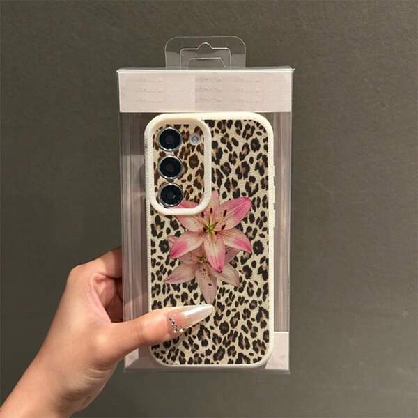 1pc TPU Material Chic Leopard Print & Lily Pattern Fashionable Phone Case Compatible With Samsung/Redmi Models