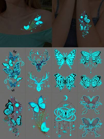 Blue Glow-In-The-Dark Minimalist Butterfly, Star & Moon Y2K Temporary Tattoo, DIY For Carnival, Music Festival, Valentine's Day, Party Gifts, Suitable For Fingers, Ears, Shoulders, Neck, Collarbones, And Small Body Areas