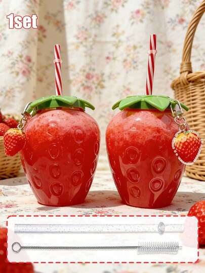 一套防漏吸管杯，带盖、吸管和吸管刷，适合旅行、海滩和游泳 - 轻便无双酚A塑料杯，可爱夏威夷水果造型（草莓和菠萝），适合夏季饮品，情人节礼物，母亲节礼物