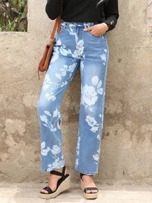 Jeans estampados florales mujer, cintura media un botón, sin elasticidad, holgados para diario y salida - Lavado ligero - Ver 5