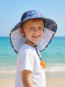 1pc Kids Car All-Over Print Wide Brim Sun Hat With Neck Flap, Breathable Mesh & Windproof Strap With Whistle - 1PC - View 9